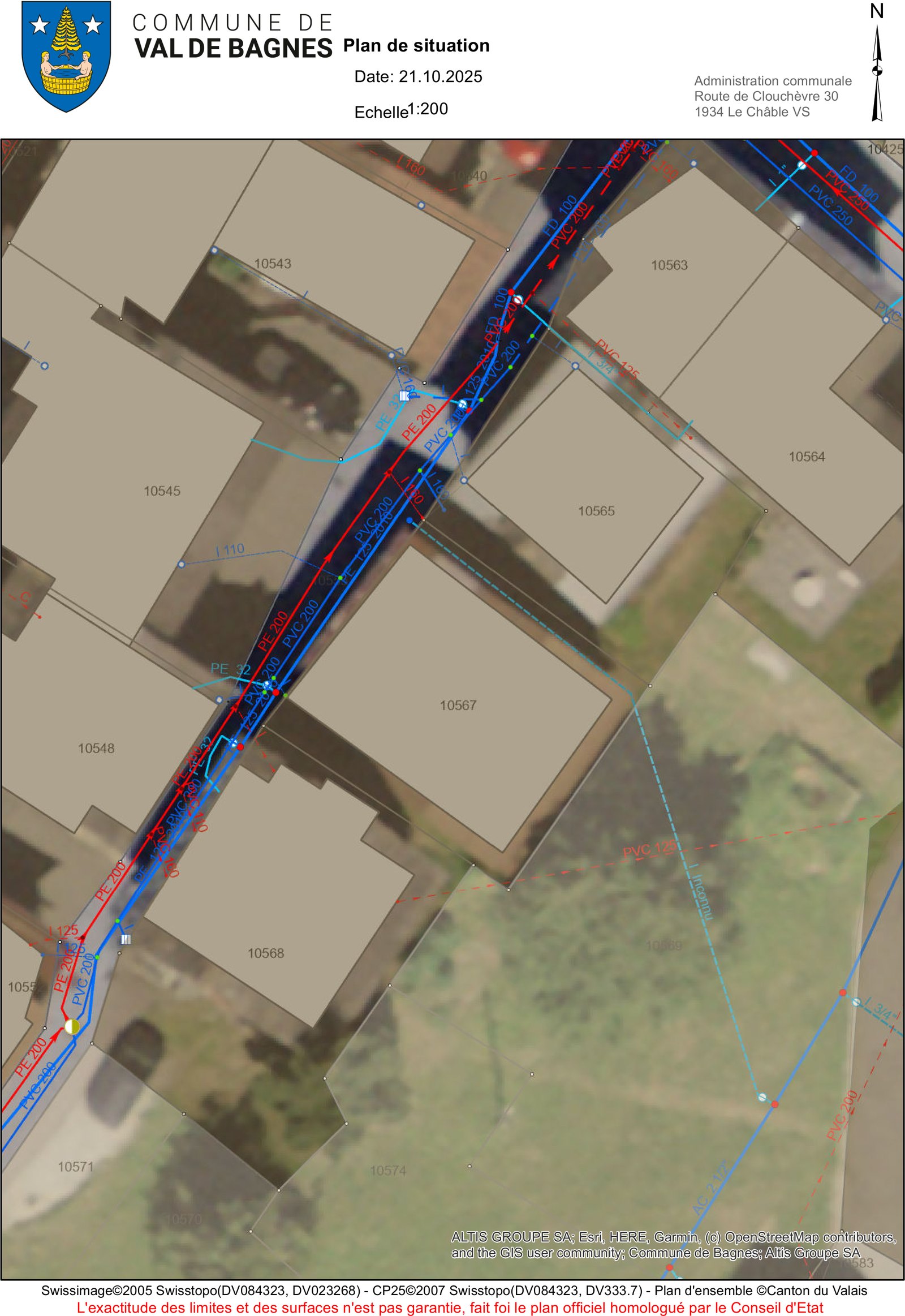 Plan de situation avec installations d'eau et zone, échelle 1:200.
