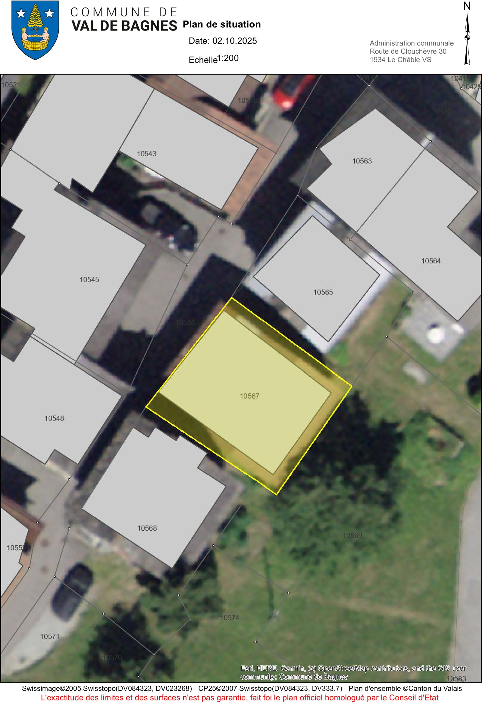 Plan de situation de la parcelle 10567 à Versegères, échelle 1:200.